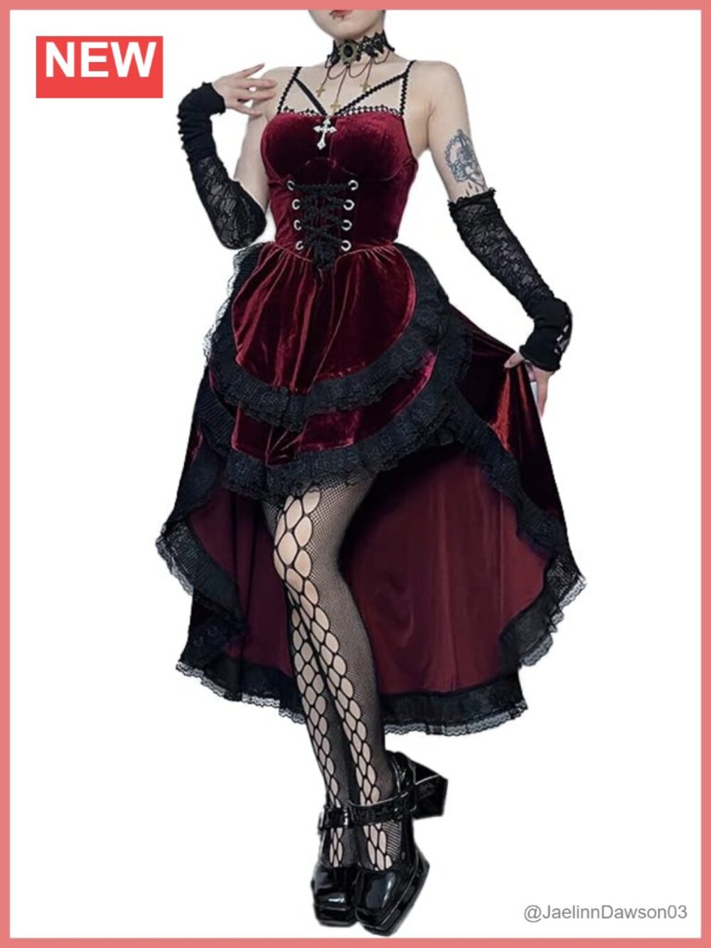 Gothic Velvet Corset Dress Lace High Low Lolita Halter Long Sleeve Midi